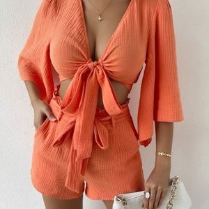 Tie Front Trumpet Sleeve & Shorts